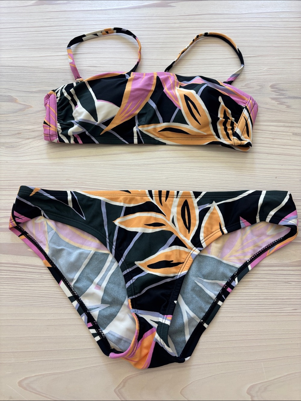 Kona Sol Black Floral Print Bikini with Orange and Pink Accents